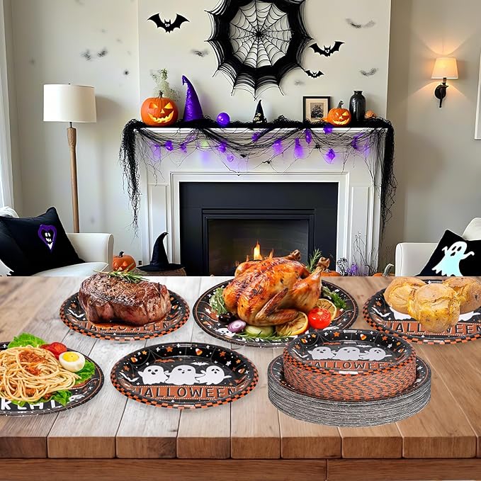 24 Pcs Happy Halloween Paper Plates Set - Cute Ghost Round Plate, Disposable Trick or Treat Dinner Dessert Plates Tableware Kit for Halloween Party Decorations Supplies Table Decor, Black Orange