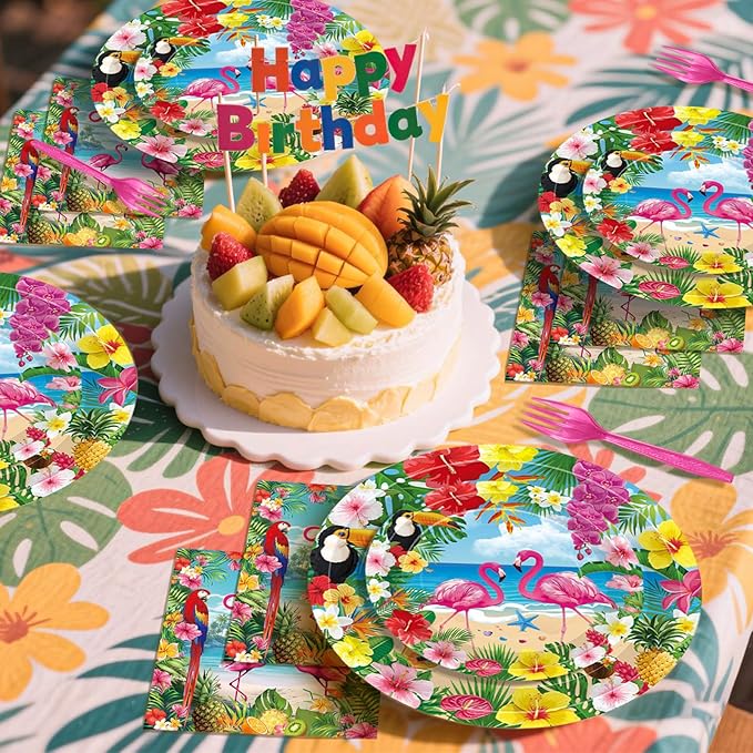 100 Pcs Tropical Aloha Flamingo Birthday Party Supplies Set - Serves 25, Hawaiian Luau Disposable Tableware, Includes Paper Plates, Napkins, Forks for Summer Beach Birthday Pool Decorations