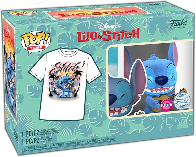 Funko Pop! &Tee: Lilo and Stitch - Ukelele Stitch (Flocked) - Small - (S) - T-Shirt - Clothes with Collectable Vinyl Minifigure - Gift Idea - Toys and Short Sleeve Top for Adults Unisex Men and Women