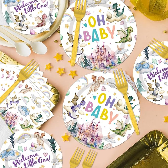 Dragon Birthday Party Supplies Tableware - 96 Pcs Watercolor Dragon Plates and Napkins, Magical Dragon Theme Dinnerware Set, Dragon Party Supplies Decorations for Baby Shower Serve 24 Guests