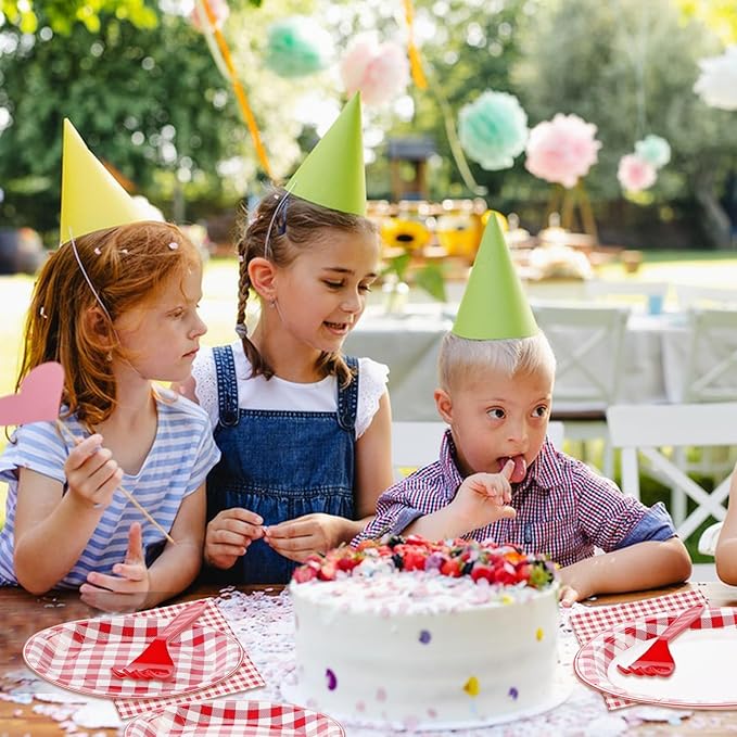 96 Pcs Red Gingham Party Decorations Red and White Buffalo Checked Plaid Plates and Napkins Disposable Gingham Tableware Sets for Summer Pizza BBQ Picnic Baby Shower Birthday Party Supplies Serves 24
