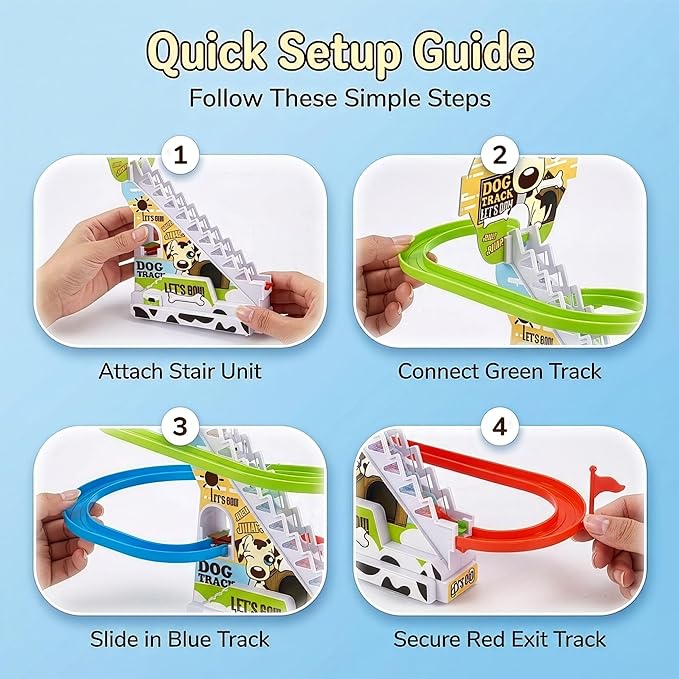 Dalmatian Racer Climbing Stairs Slide Toy - Spotty Dog Race Track Puppy Chasing Roller Coaster Game Set with LED Lights and Music for Toddlers, Kids