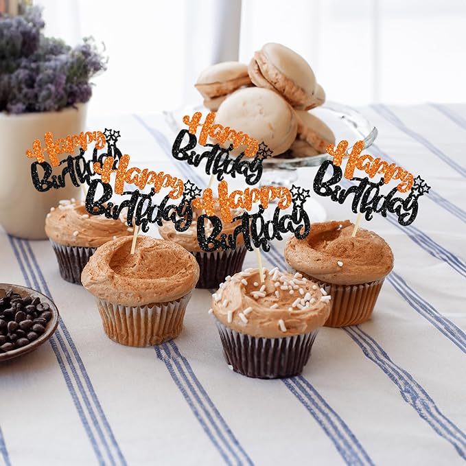 Ephlyn 24Pcs Happy Birthday Cupcake Toppers Double Layer Glitter Happy Birthday Cake Decorations for Halloween Baby Shower Theme Anniversary Party Cake Decorations Supplies Black Orange