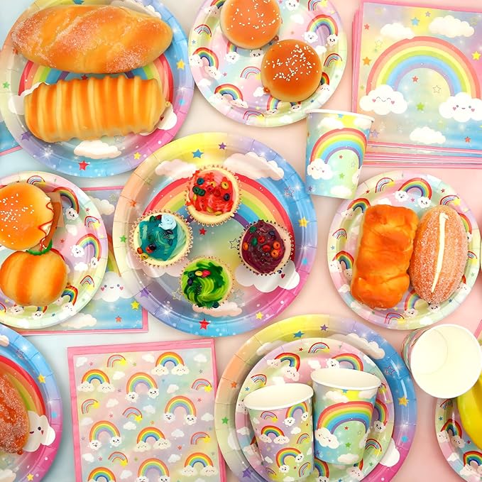 Rainbow Party Decoration - Rainbow Birthday Party Tableware Supplies Includes Plates, Cups, Napkins, Tablecloth, Straws (20)
