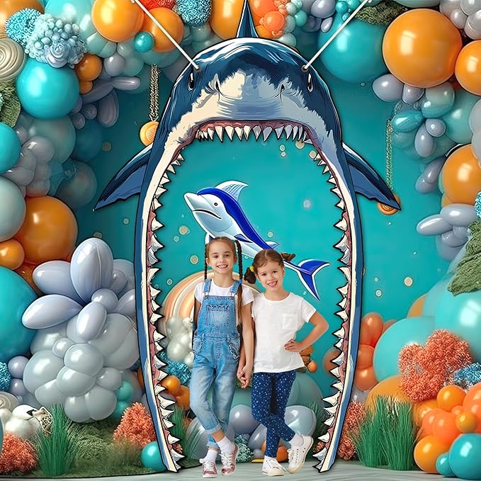 Shark Party Porch Banner Sea Shark Themed Party Door Decoration Shark Door Banner Hanging Supplies Sea Animal Photo Backdrop for Ocean Birthday Photo Booth Prop Door Covering Wrap Supplies