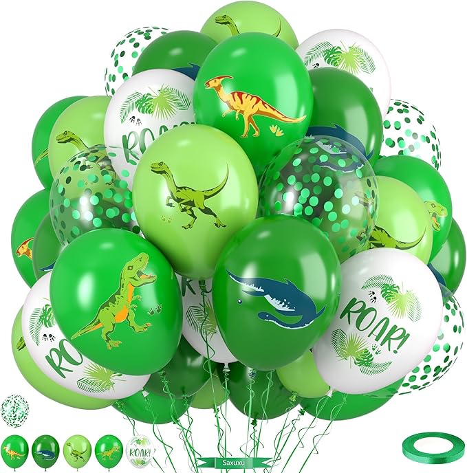 Dinosaur Balloons, 12 Inch Dark Fruit Light Green White Dinosaur Printed Latex Balloons for Boy Dino Birthday Party Decorations Jungle Baby Shower Safari Backdrop