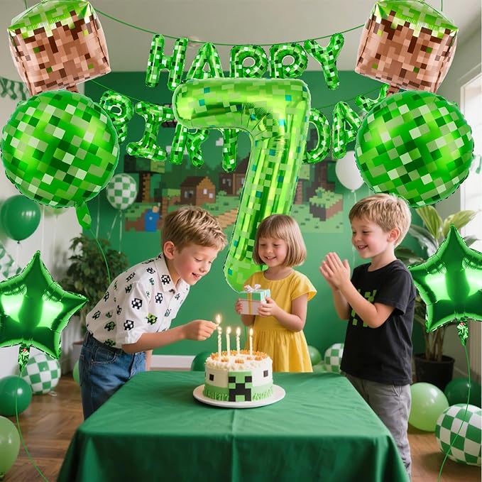 Green Pixel Themed Happy Birthday Banner Party Decorations Set Including 40 Inch Number 7 Foil Balloons, Themed Party Essentials, TNT Pixel Backdrop Supplies for Boys Indoor Outdoor Celebration