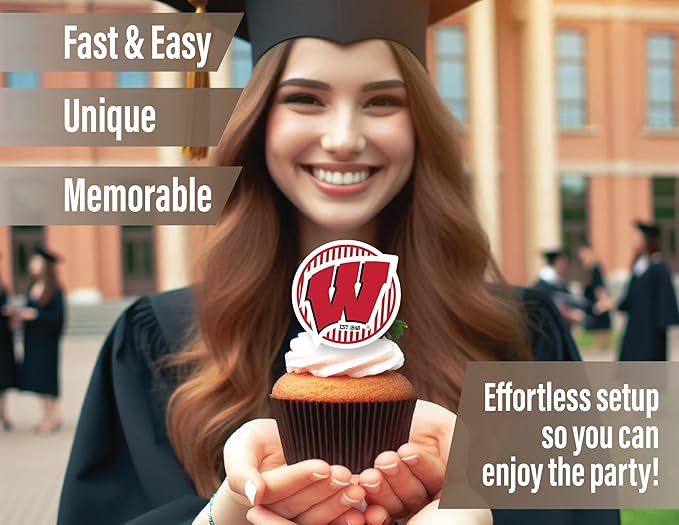 Wisconsin Cupcake Topper Party Supplies for UW Football, Birthday, Graduation Party Decorations (24 Pieces) (Wisconsin Badgers)