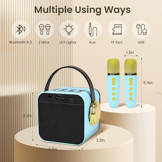 Mini Karaoke Machine for Kids, Portable Bluetooth & Auxiliary Karaoke Speaker with 2 Wireless Microphones, Modern Minimalist Design, Light Show, Blue