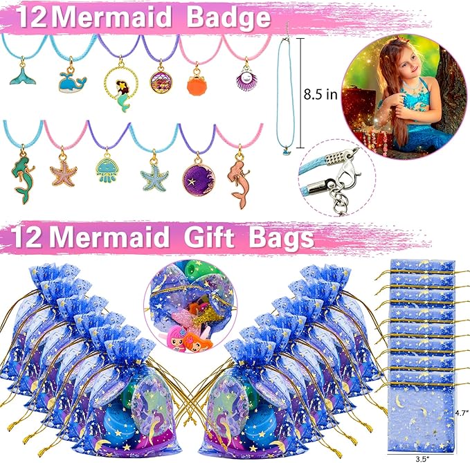 134Pcs Mermaid Party Favors Birthday Decorations for Girls, Party Supplies Include 12 Bracelet, 12 Necklace, 12 Hairpin, 12 Ring, 12 Stampers, 12 Button Pins, 12 Gift Bag, 50 Stickers