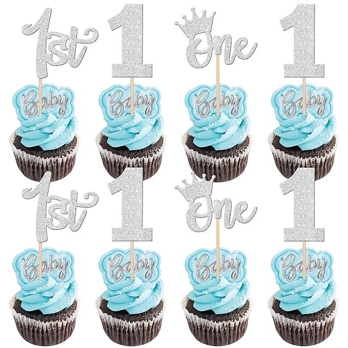 24 PCS 1st Birthday Cupcake Toppers - Glitter Wild One Cupcake Picks Crown - Boho Theme Party Cake Decorations - Silver