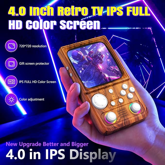 R36TMAX Retro Gaming Console, 4.0'' IPS Screen, Retro Handheld Game Console with 18000+ Classic Games Supports WiFi Networked Fighting and OTG, 4000mAh Battery, with Portable Case(Wood Brown 64GB)