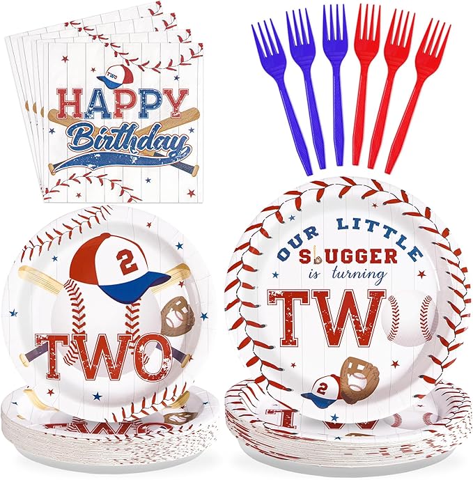96 Pcs Baseball Birthday Decorations Disposable 2nd Birthday Party Paper Plates and Napkins Baseball Sports Themed Party decorations Tableware Set for Boys Girls Kids Supplies, Serves 24