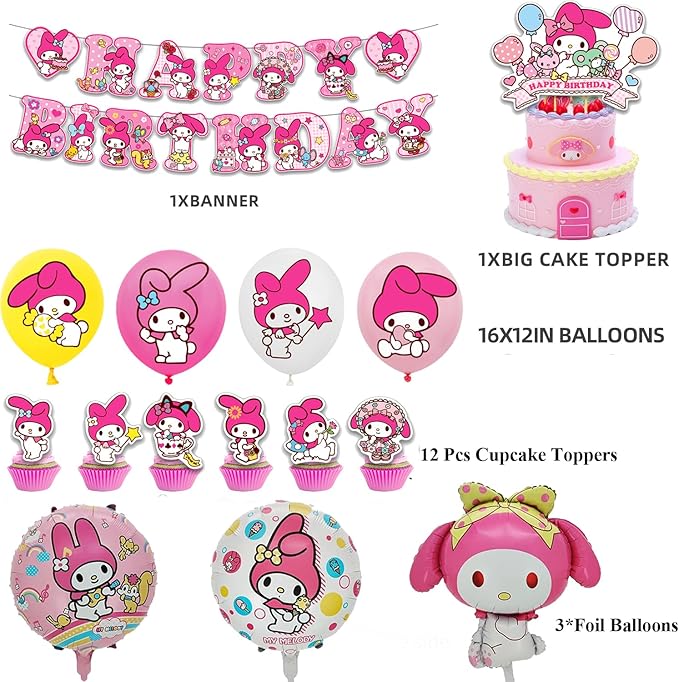 Melody Birthday Party Decorations, Kawaii Cartoon Party Supplies with Banner, Cupcake Cake Toppers and Foil Balloons Party Favors for Fans Birthday Background Decorations