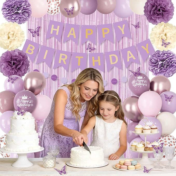 Dusty Purple Birthday Decorations for Women Girls, Lavender Pink Sand Rose Gold Metallic Printed Balloons Butterfly Stickers Fringe Curtain Happy Birthday Banner Circle Dot Paper Pompom Party Supplies