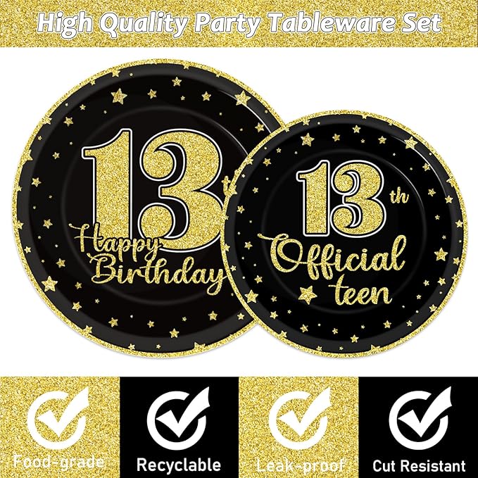 96 Pieces 13th Birthday Tableware Set Official Teenager 13th Disposable Plates Black Gold Birthday Party Plates Napkins Forks for Teenager Boys Girls 13 Year Old Party Favor 24 guests