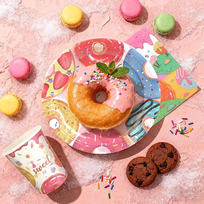 96Pcs Sweet One Birthday Party Decorations Donut Dessert Paper Plates and Napkins Cups Disposable for Girl Boy Donut First Birthday Decorations, Serve 24