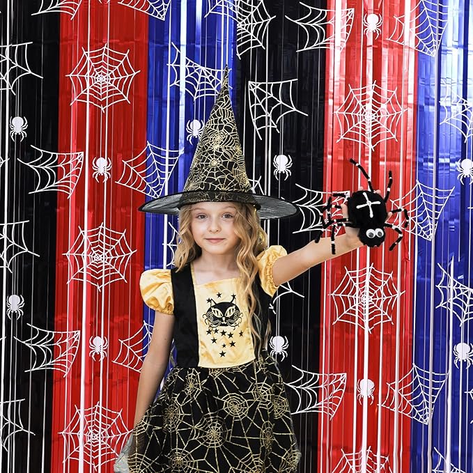 Spider Web Party Decor Kit with 15 Balloons - 2 Pack 3.3x6.6ft Gothic Tinsel Fringe Curtains Backdrop, Cobweb Photo Booth Props, Halloween Birthday Party Decorations in Red, Blue & Black