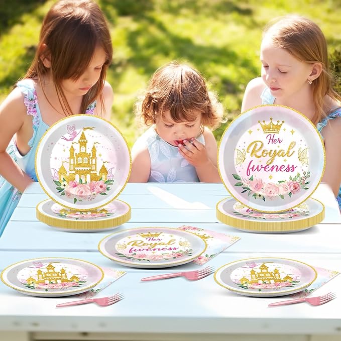 CHUNNIN 96Pcs Princess 5th Birthday Plates and Napkins Her Royal Fiveness Decorations Princess Party Dessert Plates Rainbow Castle Tableware for 24 Guests 5th Theme Girl Baby Shower Party Supplies