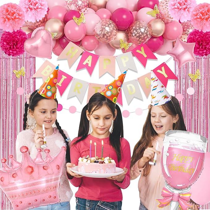 Pink Birthday Party Decorations for Women Girls, Foil Confetti Rose Gold Hot Pink Balloons Happy Birthday Banner Fringe Curtains Butterfly Decor Circle Dots Tassels Pompoms Mothers Day Party Supplies