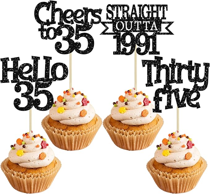 Ephlyn 24Pcs Happy 35th Birthday Cupcake Toppers Black Thirty Five Cupcake Picks Hello 35 Cheers to 35 Years Birthday Cake Decorations for 35th Birthday Anniversary Party Decor Supplies