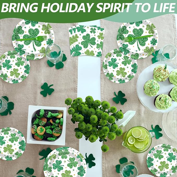 100 Pcs St. Patrick’s Day Shamrock Tableware Party Supplies Set, Serves 25 – Disposable Green Clover Paper Plates, Napkins, and Forks for Irish Celebration, Lucky Party, or Spring Festival Decorations