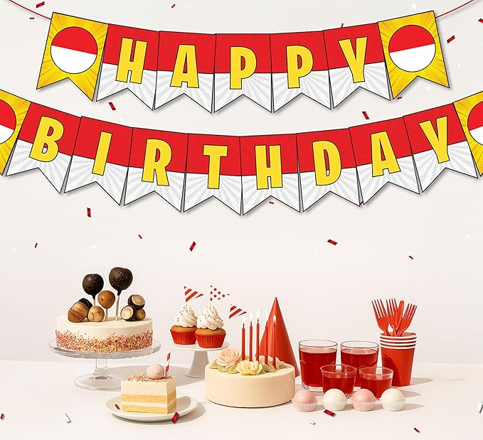 Cartoon Red White Yellow Happy Birthday Banner 10ft long Pre Strung No DIY Cute Anime Birthday Decorations Party Supplies Happy Birthday Sign for Boys Birthday Party Decorations Party Favors for Kids