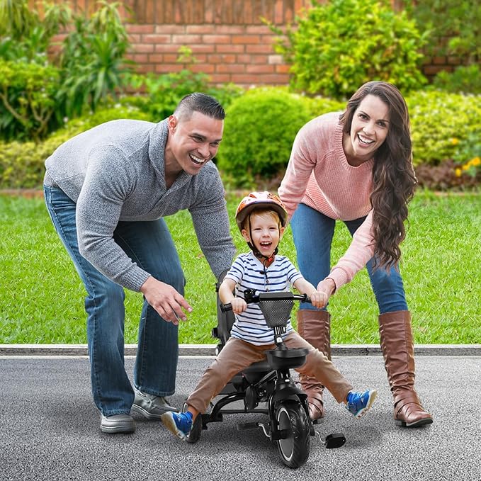 Folding Kids Tricycle, 8 in 1 Toddler Trike W/Removable & Adjustable Canopy, Parent Handle, 5-Piont Harness, Toddler Bike Tricycle for Kids 1-6 Years, EVA Wheels, Storage Basket, Grey