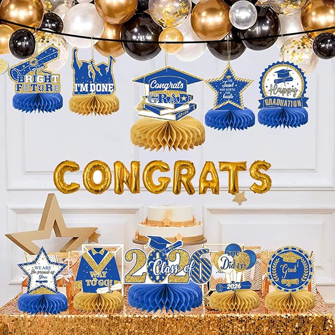 10PCS Graduation Party Decorations Class of 2026 Congrats Grad Table Centerpieces Congratulate Graduation Honeycomb Table Toppers for Graduation Party Supplies(Blue Gold)