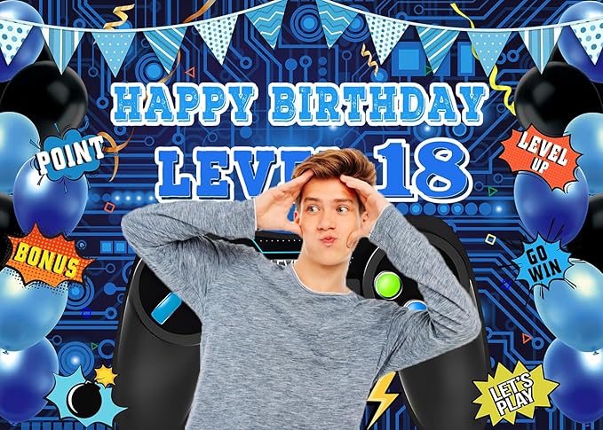 Game Theme Level 18 Birthday Backdrop Video Game Happy 18th Birthday Party Decorations Level Up Theme Boys Kids Birthday Party Supplies(7×5FT)
