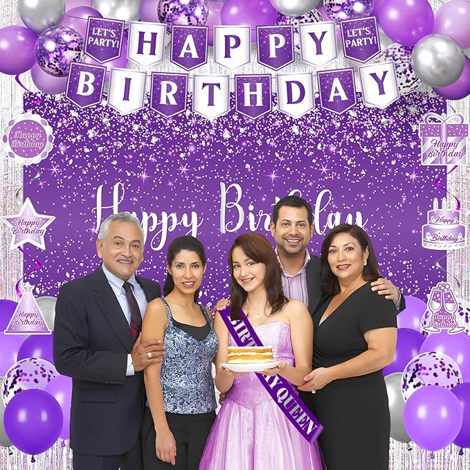 Purple Party Decorations for Women Girls Happy Birthday Banner Silver Glitter Backdrop Hanging Swirls Queen Sash 20PCS Purple Latex Balloons Set for Girl Sweet Princess Birthday Party Decor Supplies