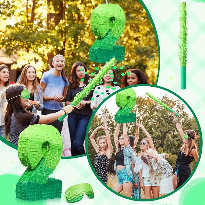 Number Piñata Decorations 16 Inch Gradient Green Piñata with Blindfold Stick and Confetti for Birthday Baby Shower Safari Jungle Themed Party Supplies Centerpiece(Number 2)