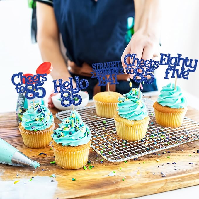 Ephlyn 24Pcs 85th Birthday Cupcake Toppers Glitter Straight Outta 1941 Cupcake Picks Hello 85 Cheers to 85 Years Cake Decorations for 85th Birthday Anniversary Party Decorations Supplies Blue