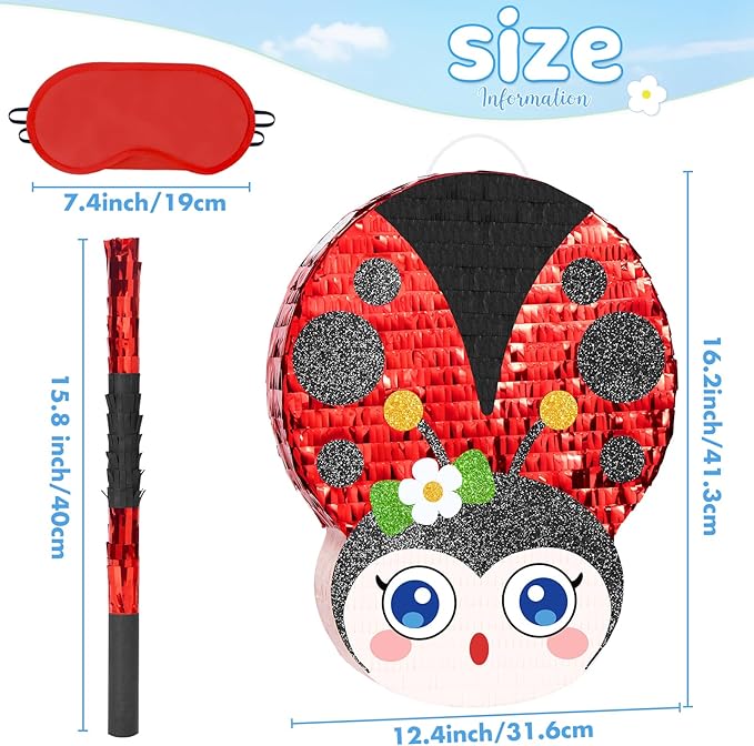 WERNNSAI Ladybug Piñata – Red Ladybug Party Piñata for Kids Birthday Games Garden Theme Parties Insect Theme Classroom Activities baby shower supplies with Blindfold and Stick