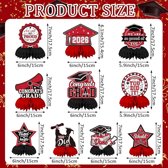 10 PCS Graduation Party Decorations Class of 2026,Congrats Grad Honeycomb Centerpiece Red and Black Congratulate Graduation Table Toppers for Graduation Party Favor Supplies