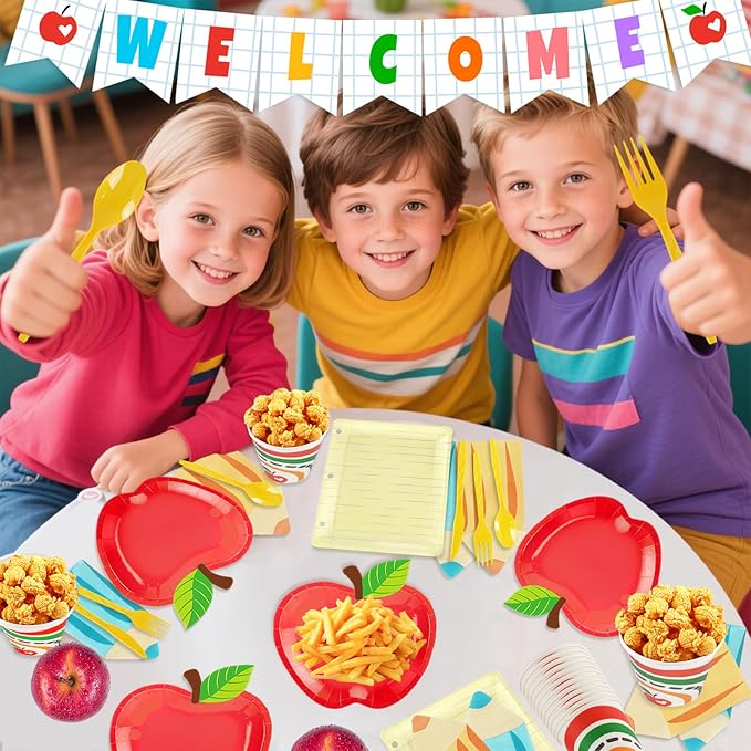OuMuaMua 177Pcs Back to School Party Plates Napkins Cups with Welcome Banners Supplies First Day of School Disposable Tableware Set for Preschool Kindergarten Graduation Party Table Decor, Serves 25