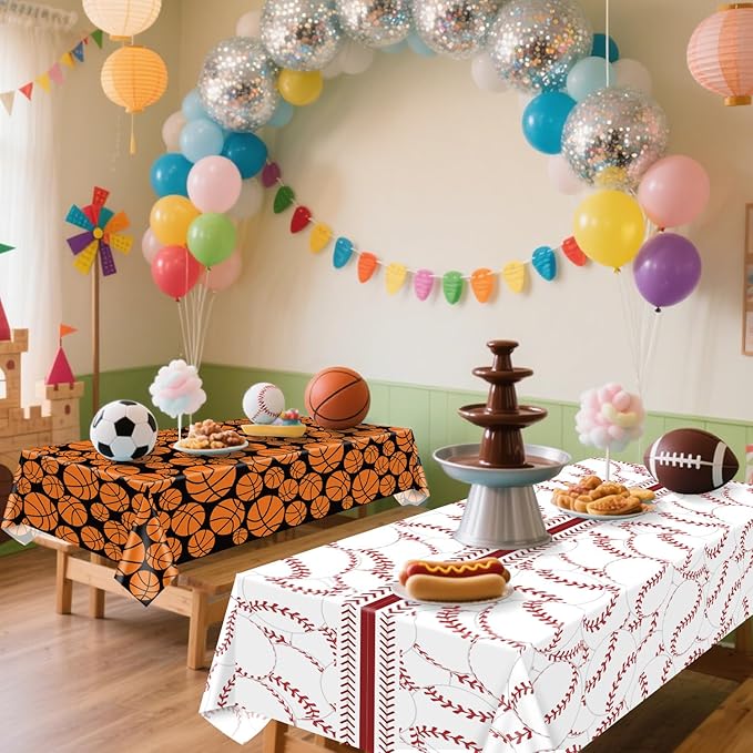 Sports Table Cloth - 4 Sports Plastic Tablecloths for Baseball Football Soccer Basketball Theme Supplies, 51 x 86 inch