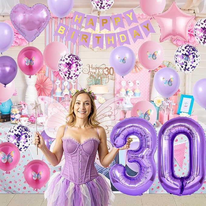 30th Birthday Decorations for Her,Pink Purple 30th Birthday Decorations Butterfly Birthday Decor Happy Birthday Banner Number 30 Balloons Cake Topper Butterfly 30th Party Decorations for Women