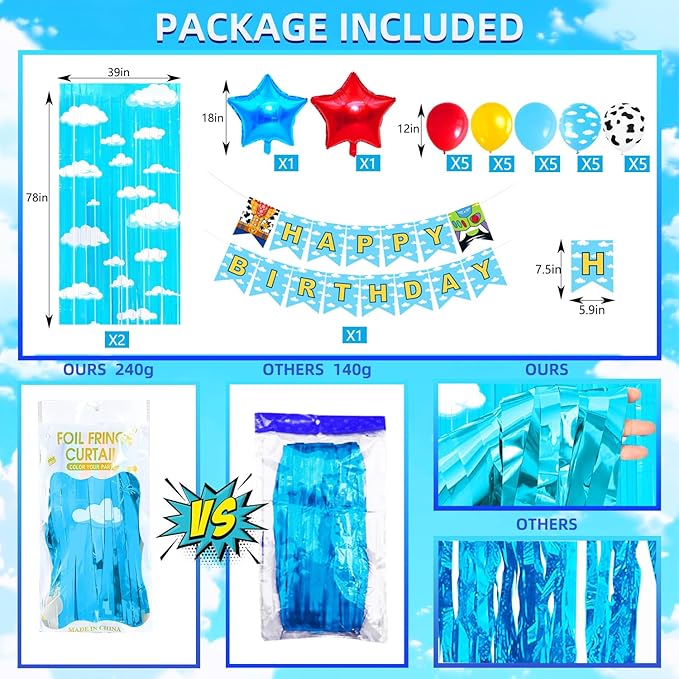Cartoon Toy Inspired Story Birthday Party Decoration, Including 2Pack Blue Sky White Cloud Streamers, 27pcs Toy Themed Balloons & 1pcs Toy Birthday Banner for Cartoon Toy Party Photo Backdrop Supplies