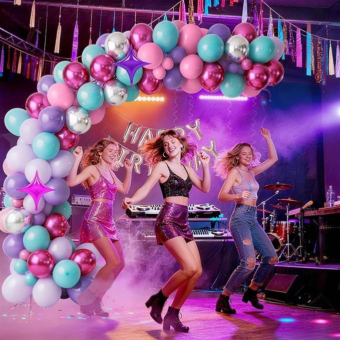Pink Purple Blue Balloons, 62 Pcs 12 Inch Hot Pink Purple Teal Latex Balloons Violet Turquoise Silver Helium Balloon with Star Foil Balloon for Kids Magic Theme Mermaid Cartoon Birthdays Baby Shower