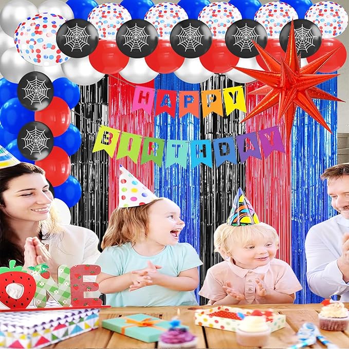 23Pcs Anime Spider Birthday Decorations, Red Black Blue 3.3x8.2ft Tinsel Foil Fringe Curtains Banners and Cobweb Balloons for Spider Theme Birthday Party Decorations Boys and Girls Party Supplies