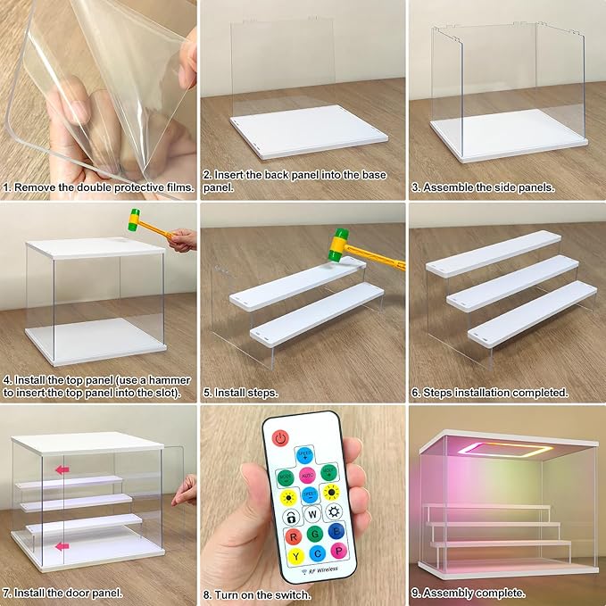 NONEMEY Clear Acrylic Display Case with Light ,3 Tier Multiple Color Lights via Remote Control Dustproof Display Box for Collectibles Figures Mini Toys (White 3Tier 12.4*7*9inch)
