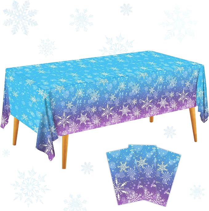 3 Winter Snowflake Plastic Tablecloth Decorations, Holographic Blue and Purple Snowflake Winter Wonderland Disposable Table Cover for Winter Holiday Birthday Decorations, 54x108 Inch