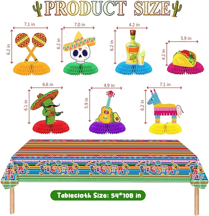 Fiesta Mexican Party Decorations Set - Fiesta Banner, Hanging Swirls, Honeycomb Centerpieces Mexico Tablecloth for Cinco De Mayo, Taco Tuesday, Mexican Themed Birthday Luau Party Supplies (Mexican)