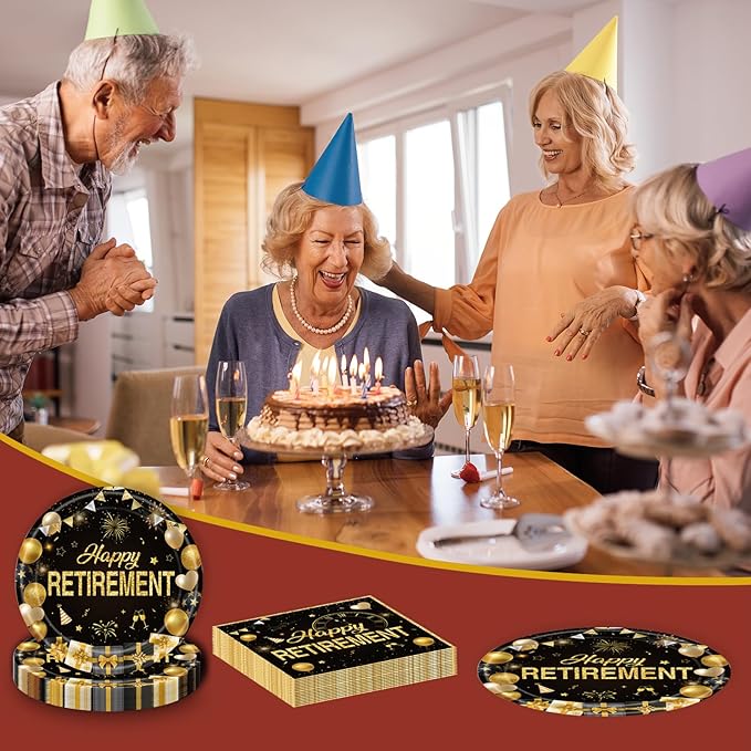 72Pcs Retirement Plates and Napkins, Black Gold Happy Retirement Party Decorations Paper Plates and Napkins with Forks Disposable Tableware Set for Men Women