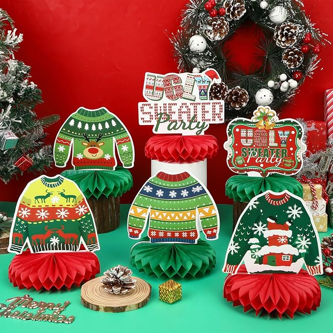 10 Pcs Christmas Ugly Sweater Party Decorations Honeycomb Centerpieces,3D Xmas Table Toppers Christmas Ugly Sweater Table Decor for Winter Holidays Party Supplies