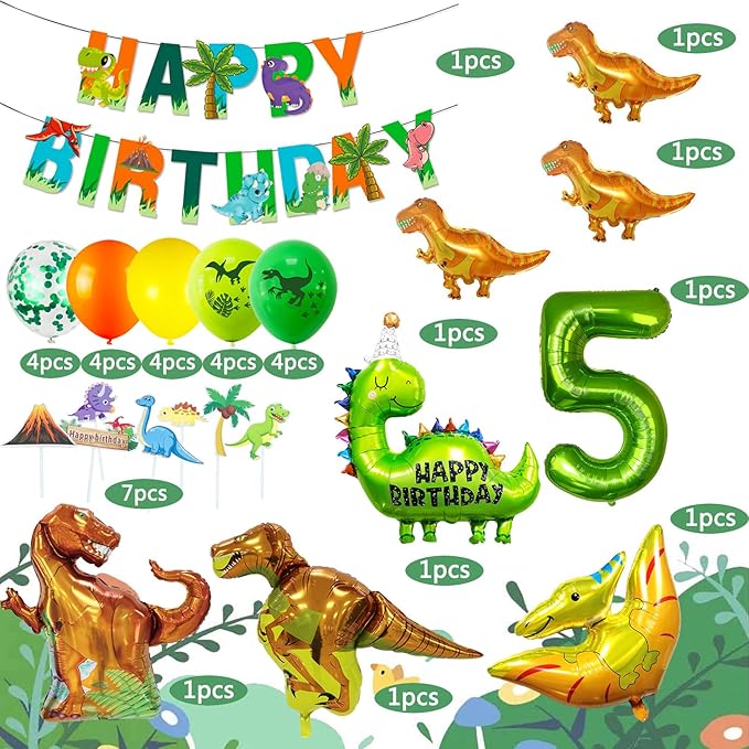 Dinosaur Birthday Party Supplies - Dinosaur Decorations, Foil Balloons, Banner & Cake Topper for Boys & Girls
