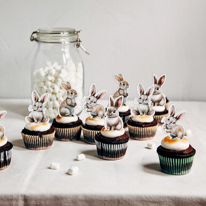 Ercadio 40 Pack Edible Cute Rabbit Cupcake Toppers Funny Bunny Cupcake Picks Realistic Rabbit Cupcake Toppers for Easter Day Theme Baby Shower Birthday Party Decor Supplies