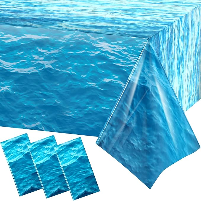 Irenare 3 Pieces Ocean Waves Plastic Tablecloth 54 x 108 Inch Ocean Table Cover Water Print Table Cover Sea Tablecloth Blue for Beach Pool Birthday Party Decoration Shower Supplies