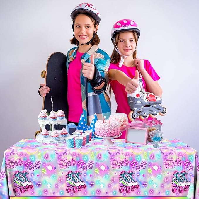 GREHUMOR 3pcs Roller Skating Table Covers Roller Skater Birthday Party Decorations Skate Table Covers Let's Roll Colorful Tablecloth Roller Skating Theme Party Supplies